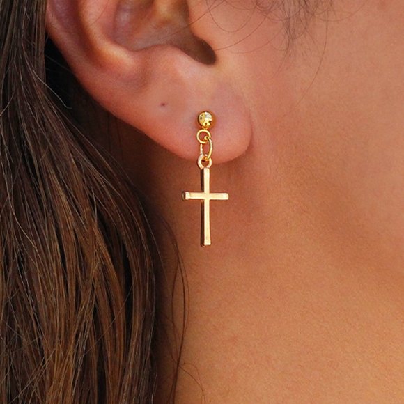 Simplistic Dangling Cross Ball Stud Earrings - Picture 1 of 3